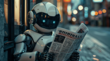 A robot reading a newspaper